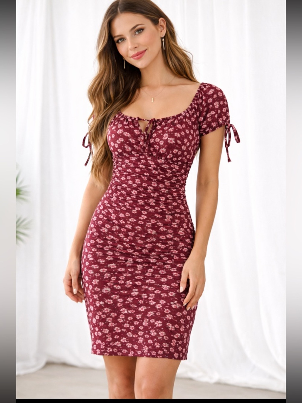 Ultra Flirt Red Floral Ruched Bodycon Mini Dress Tie Sleeve Stretch M